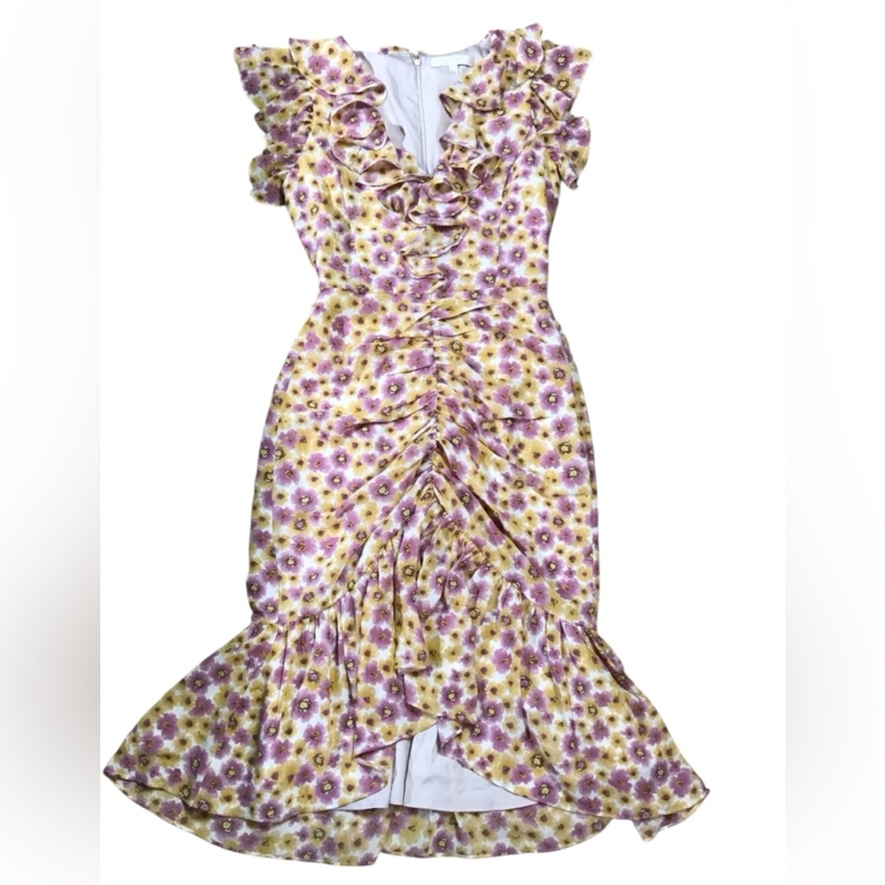 WAYF Daphne pink and yellow floral print midi ruffle dress. MED. COTTAGECORE - Picture 14 of 16